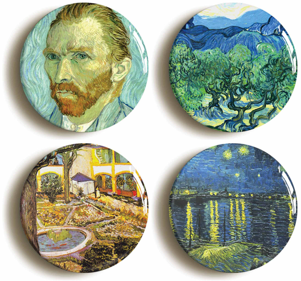 A picture of a set of four badges