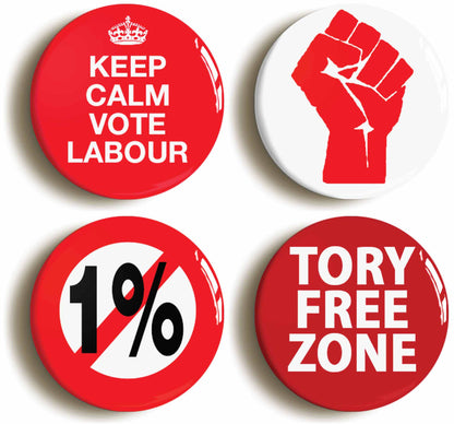 A picture of a set of four badges