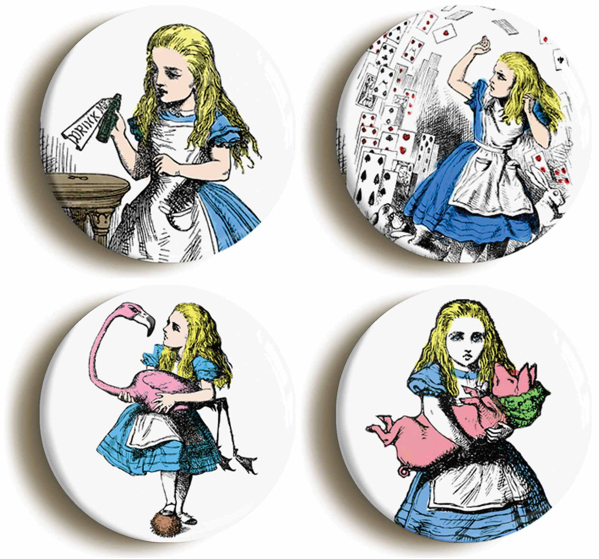 A picture of a set of four badges