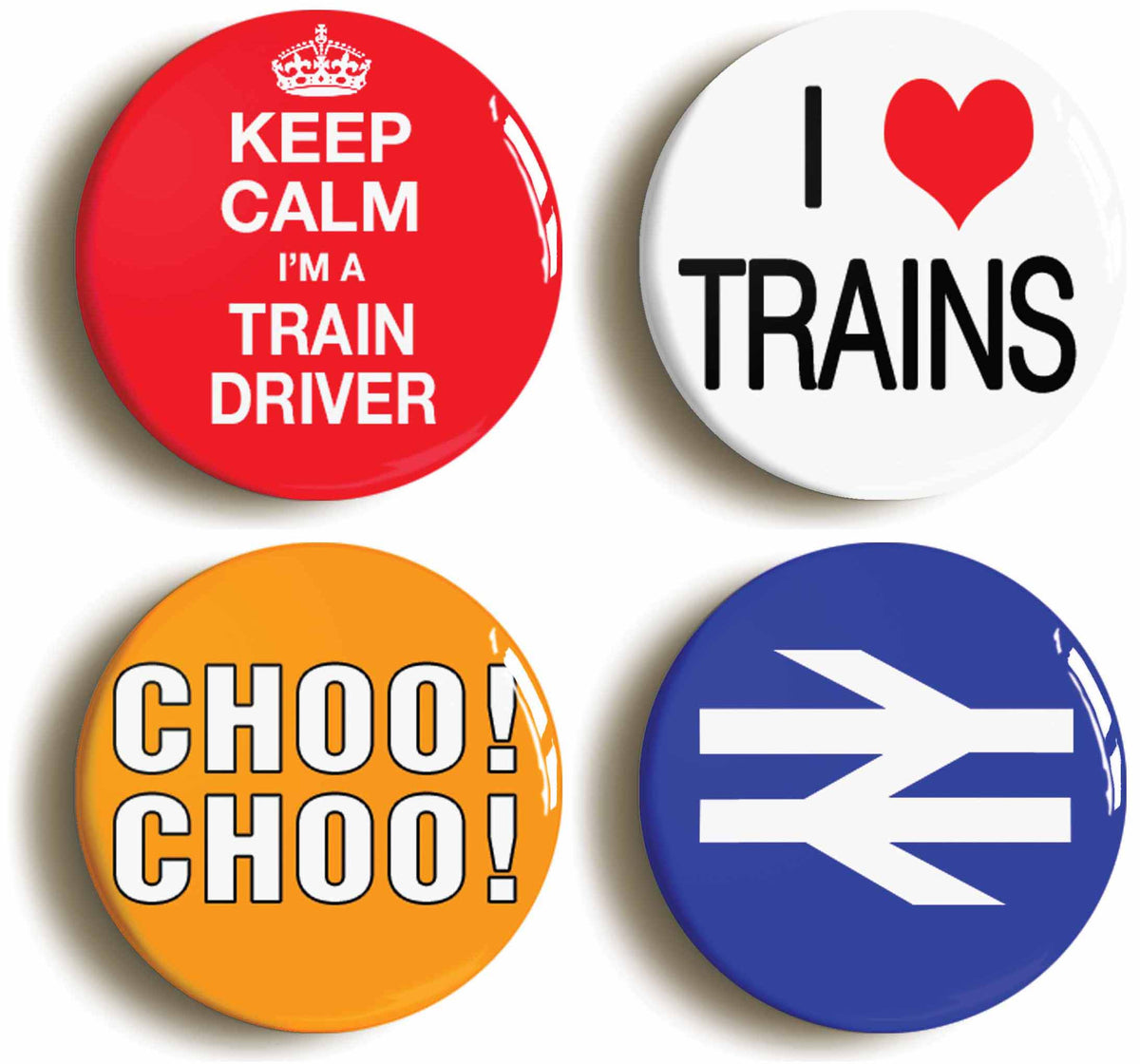 A picture of a set of four badges