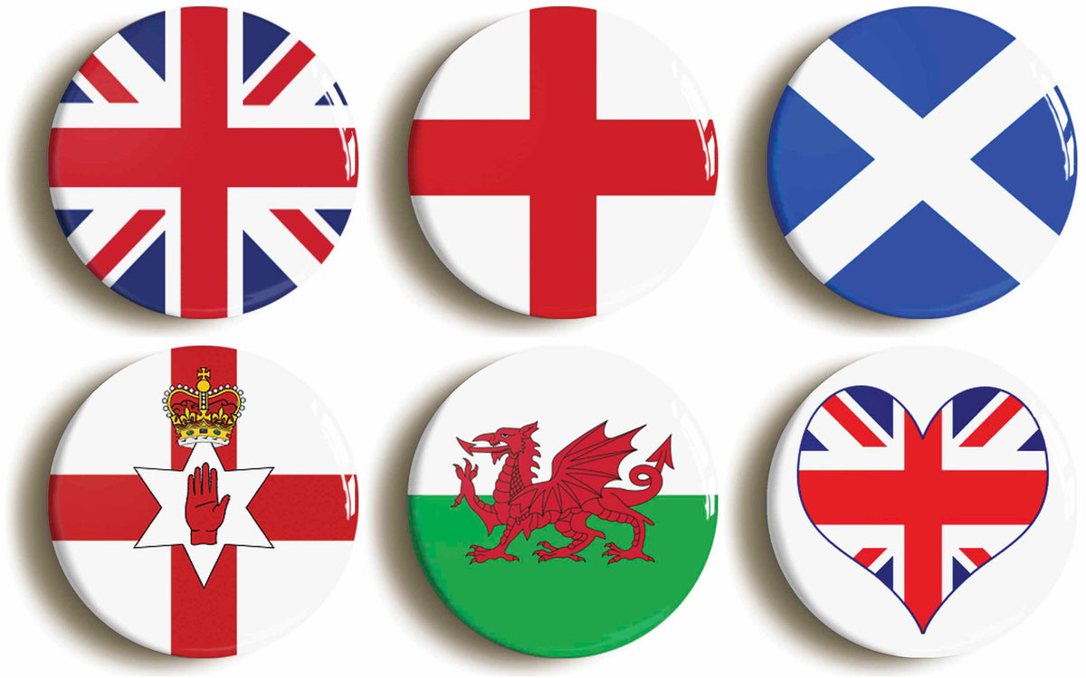 A picture of a set of six badges