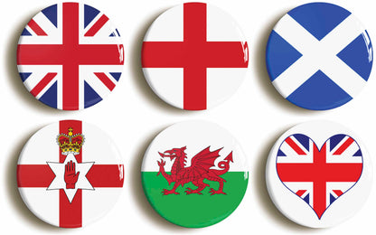 A picture of a set of six badges