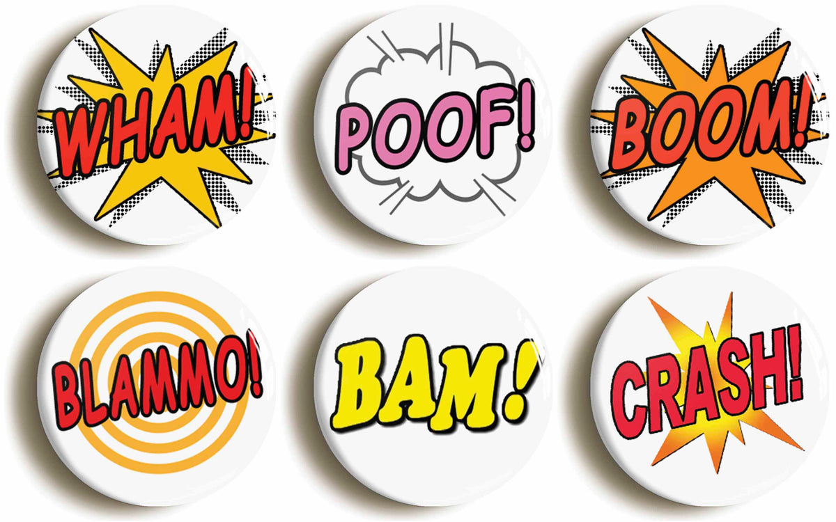 A picture of a set of six badges