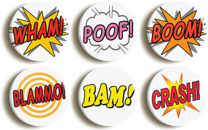 A picture of a set of six badges