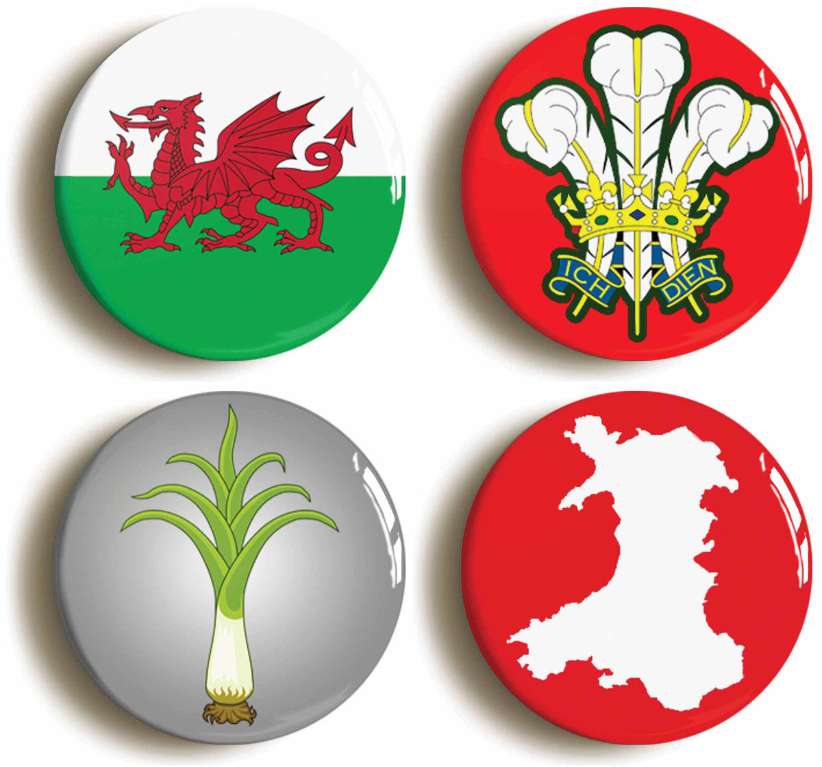 A picture of a set of four badges
