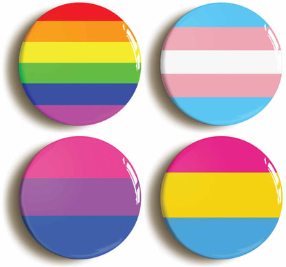 A picture of a set of four badges