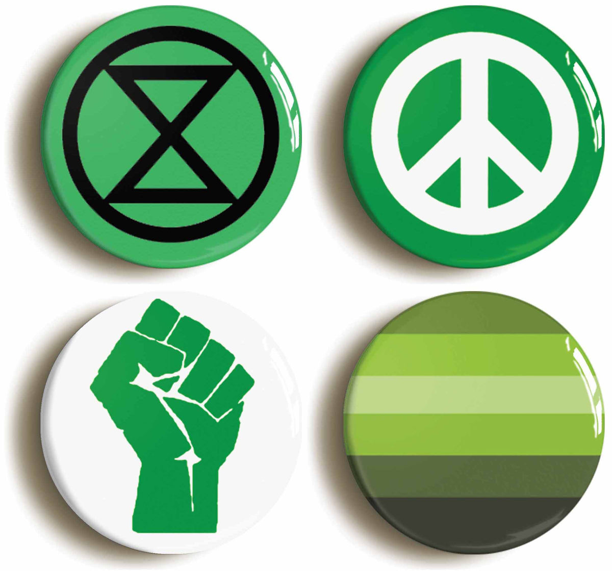 A picture of a set of four badges