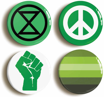 A picture of a set of four badges