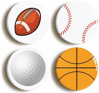 A picture of a set of four badges