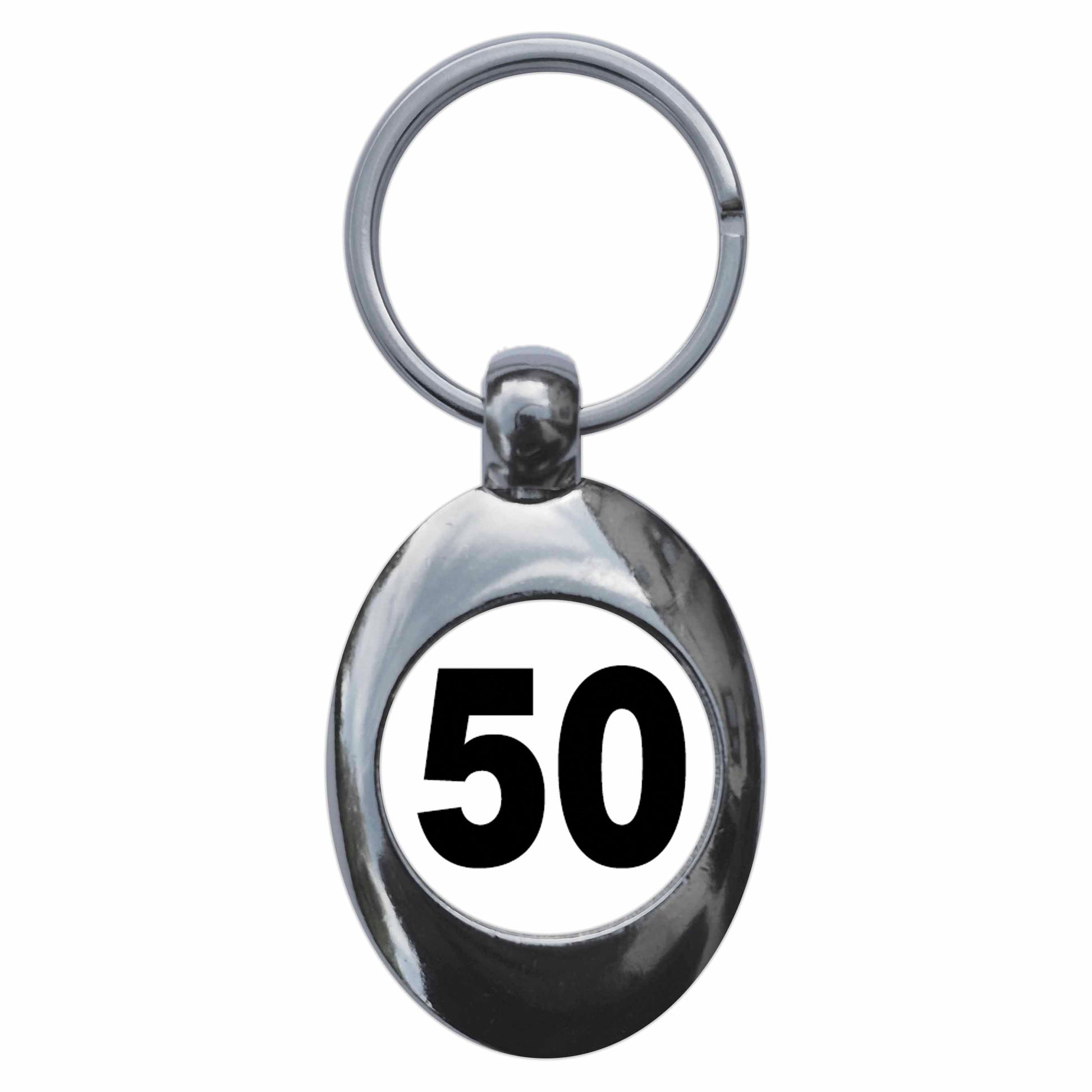 A picture of the front of the product, titled Plain Number 50 Fifty Metal Keyring With Trolley Coin