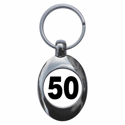 A picture of the front of the product, titled Plain Number 50 Fifty Metal Keyring With Trolley Coin