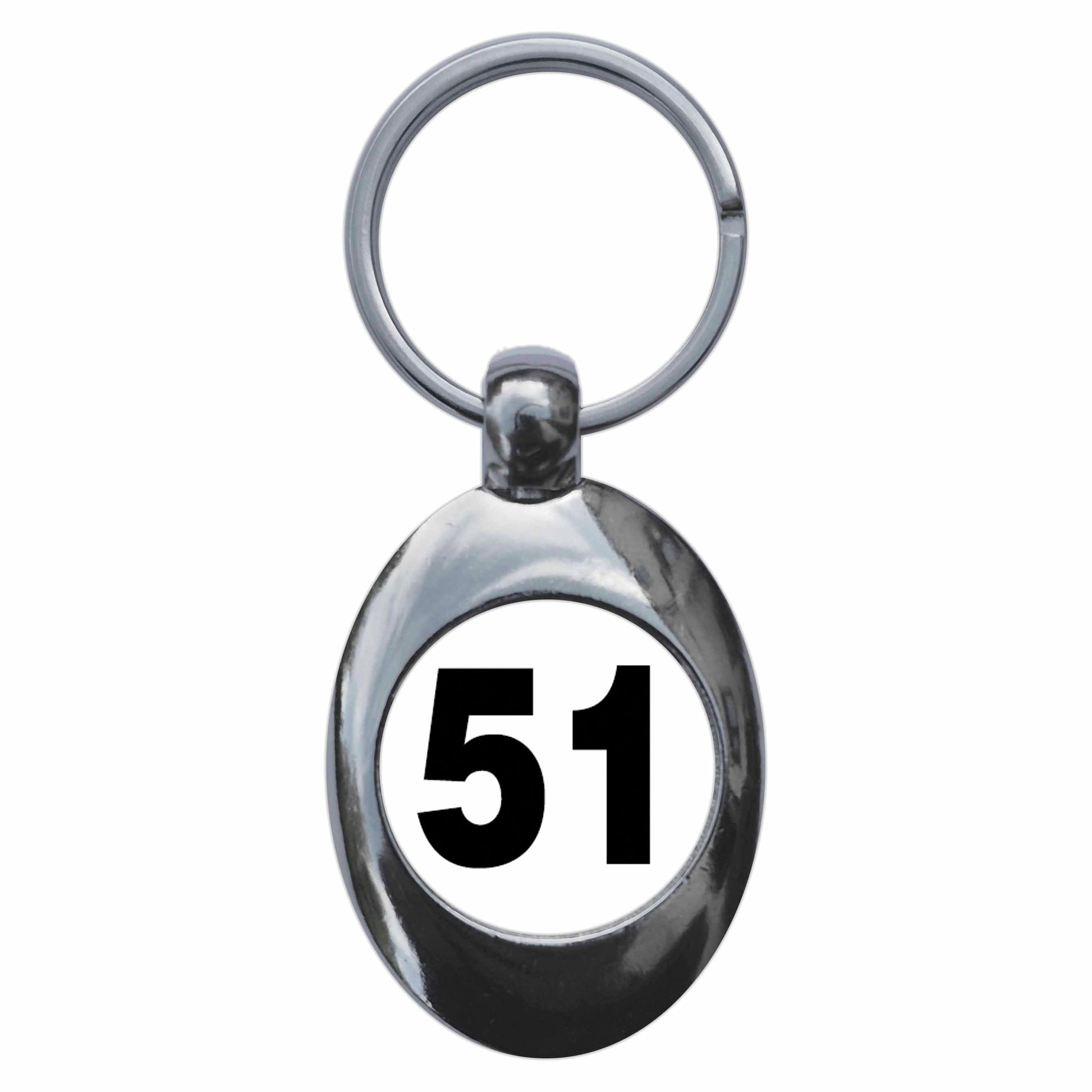A picture of the front of the product, titled Plain Number 51 Fifty One Metal Keyring With Trolley Coin