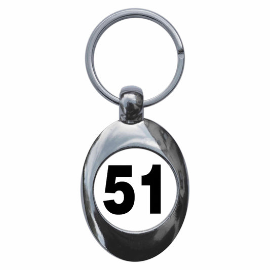 A picture of the front of the product, titled Plain Number 51 Fifty One Metal Keyring With Trolley Coin