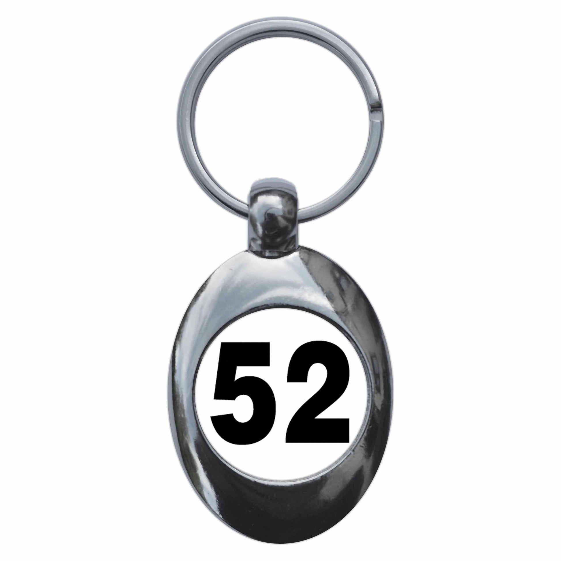 A picture of the front of the product, titled Plain Number 52 Fifty Two Metal Keyring With Trolley Coin