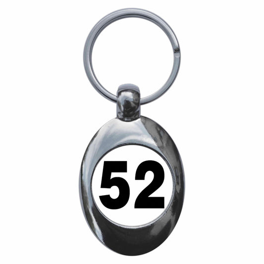 A picture of the front of the product, titled Plain Number 52 Fifty Two Metal Keyring With Trolley Coin