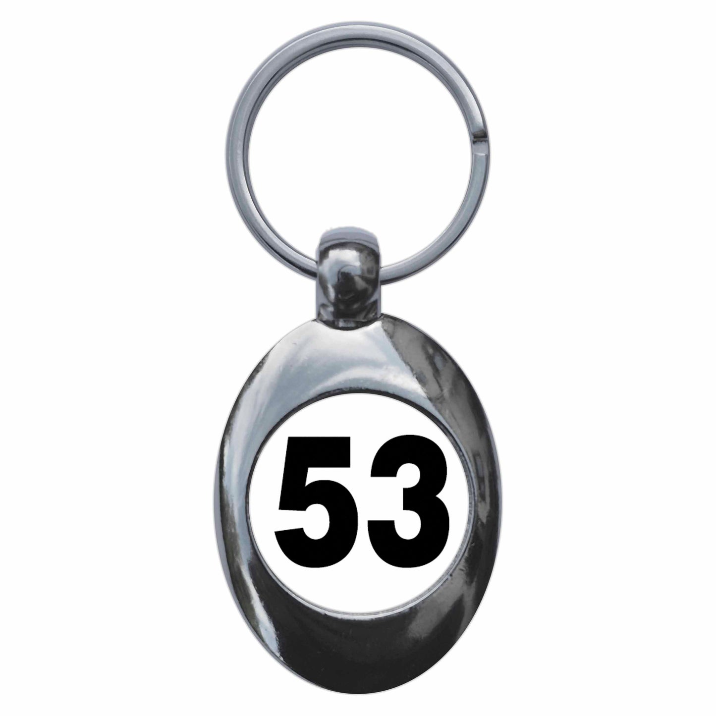 A picture of the front of the product, titled Plain Number 53 Fifty Three Metal Keyring With Trolley Coin