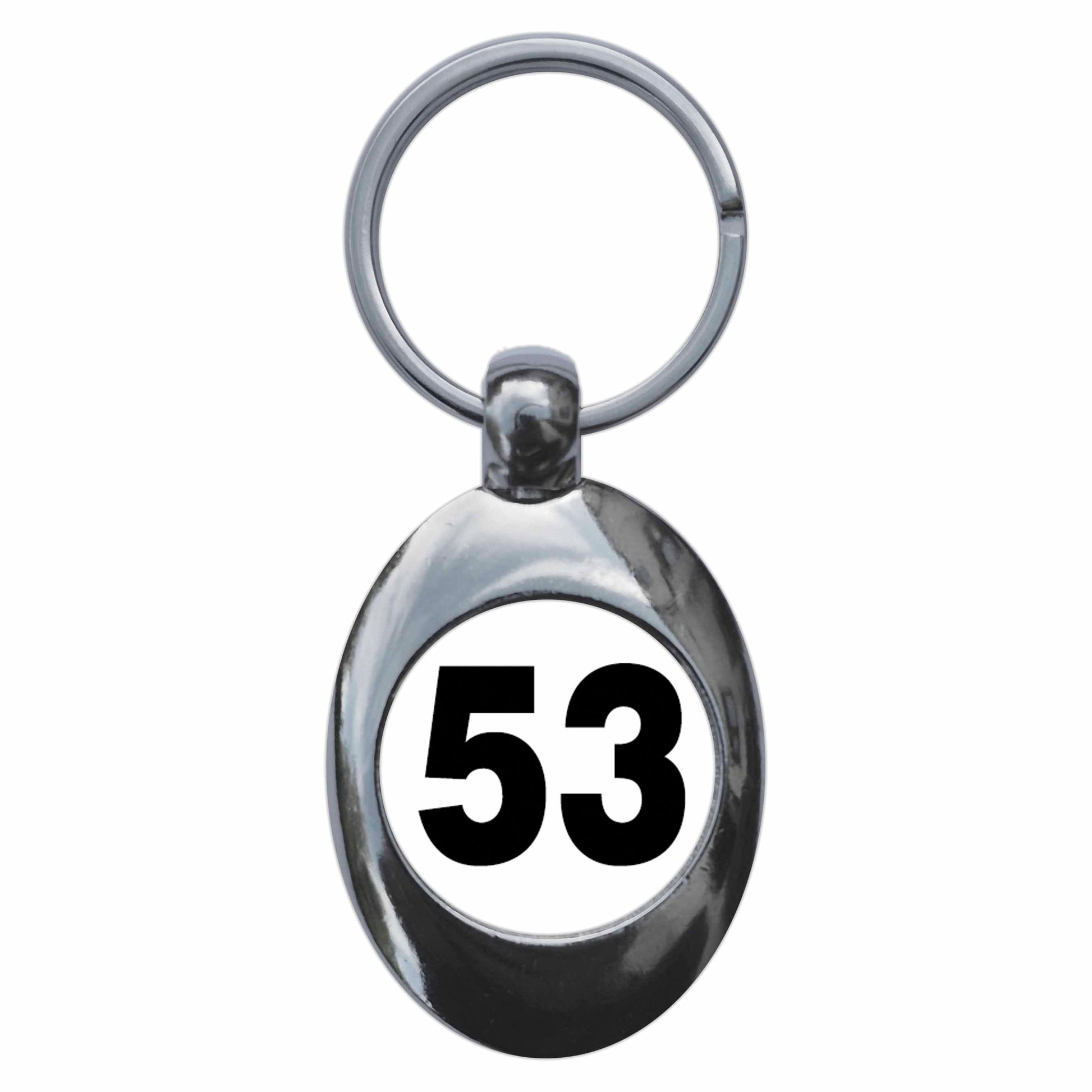 A picture of the front of the product, titled Plain Number 53 Fifty Three Metal Keyring With Trolley Coin