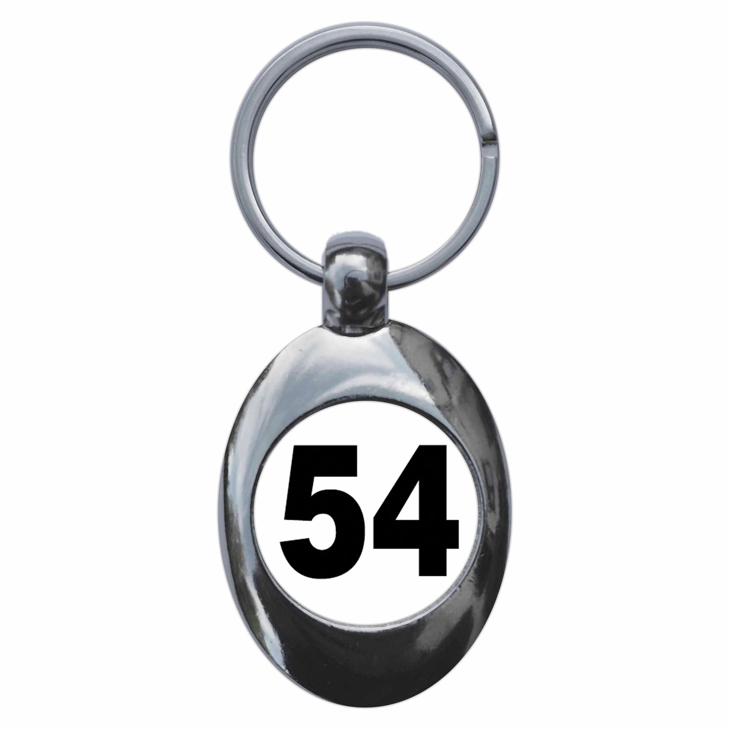 A picture of the front of the product, titled Plain Number 54 Fifty Four Metal Keyring With Trolley Coin