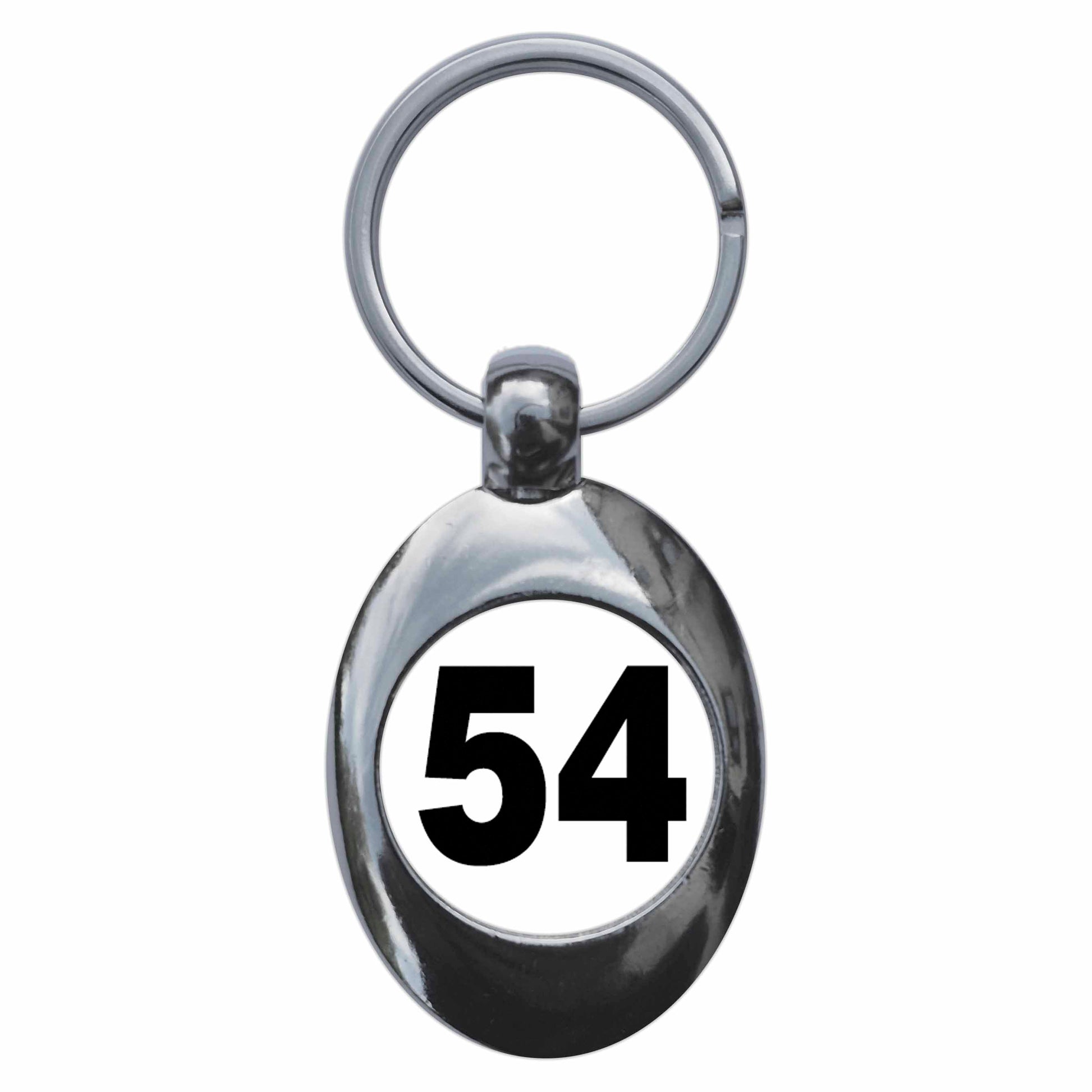 A picture of the front of the product, titled Plain Number 54 Fifty Four Metal Keyring With Trolley Coin