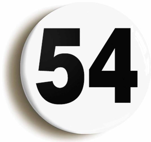 A picture of the front of the product, titled Plain Number 54 Fifty Four Button Pin Badge