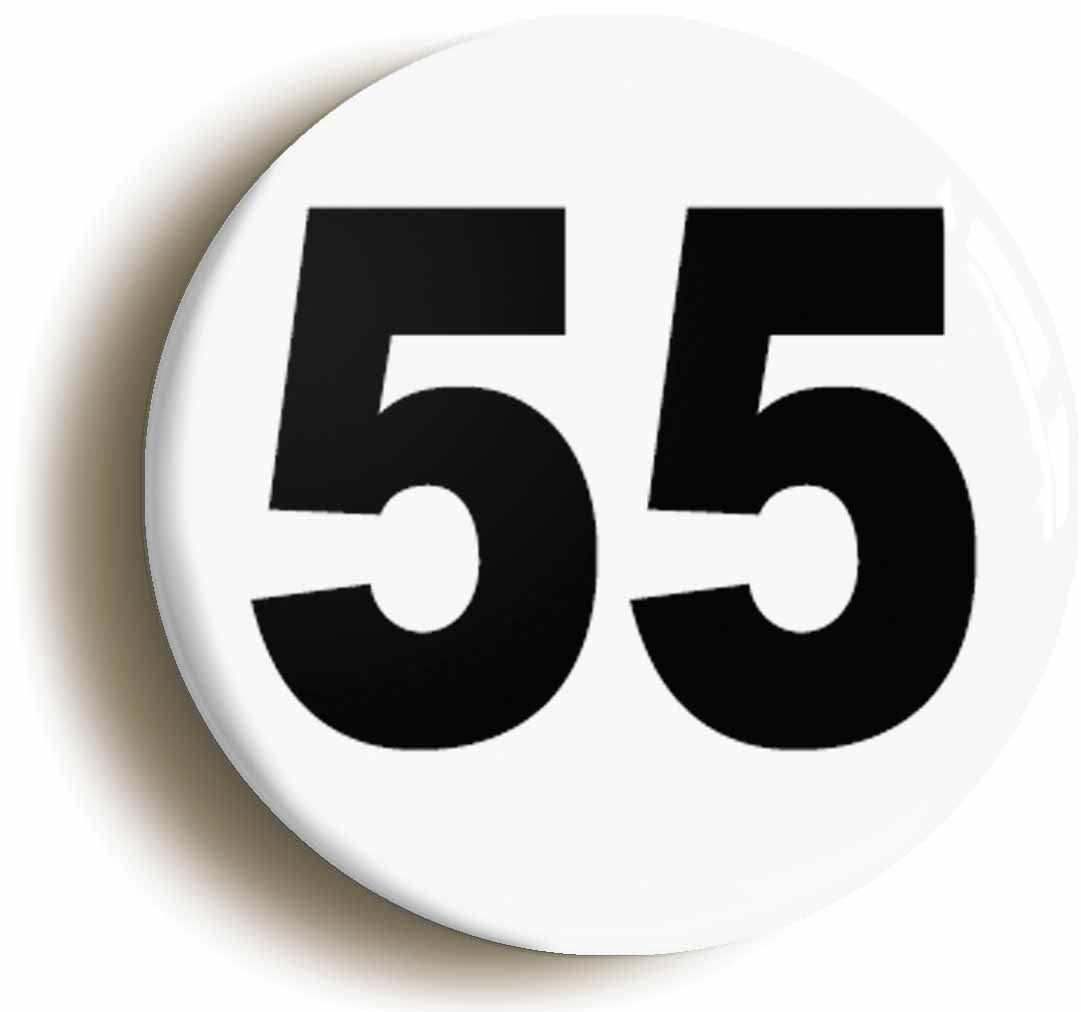 A picture of the front of the product, titled Plain Number 55 Fifty Five Button Pin Badge