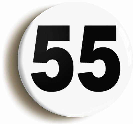A picture of the front of the product, titled Plain Number 55 Fifty Five Button Pin Badge