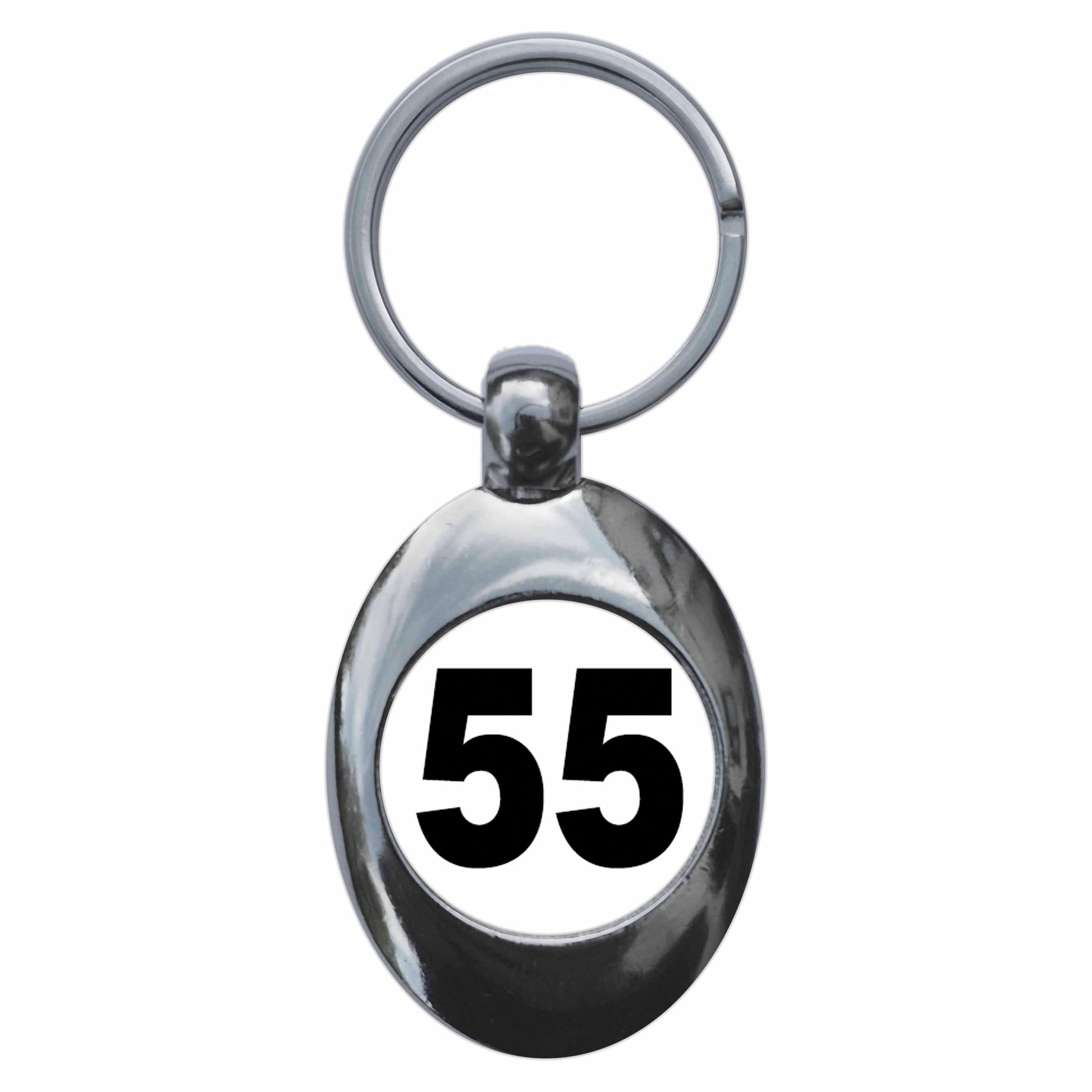 A picture of the front of the product, titled Plain Number 55 Fifty Five Metal Keyring With Trolley Coin