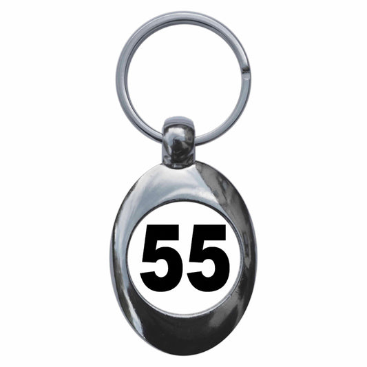 A picture of the front of the product, titled Plain Number 55 Fifty Five Metal Keyring With Trolley Coin