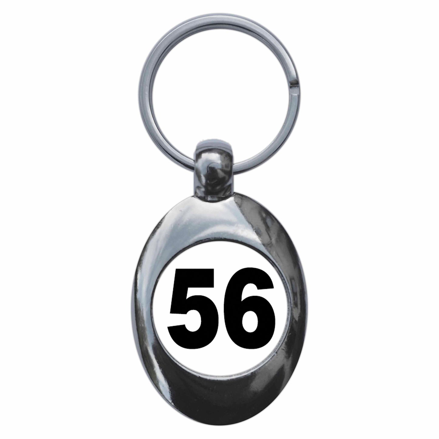 A picture of the front of the product, titled Plain Number 56 Fifty Six Metal Keyring With Trolley Coin