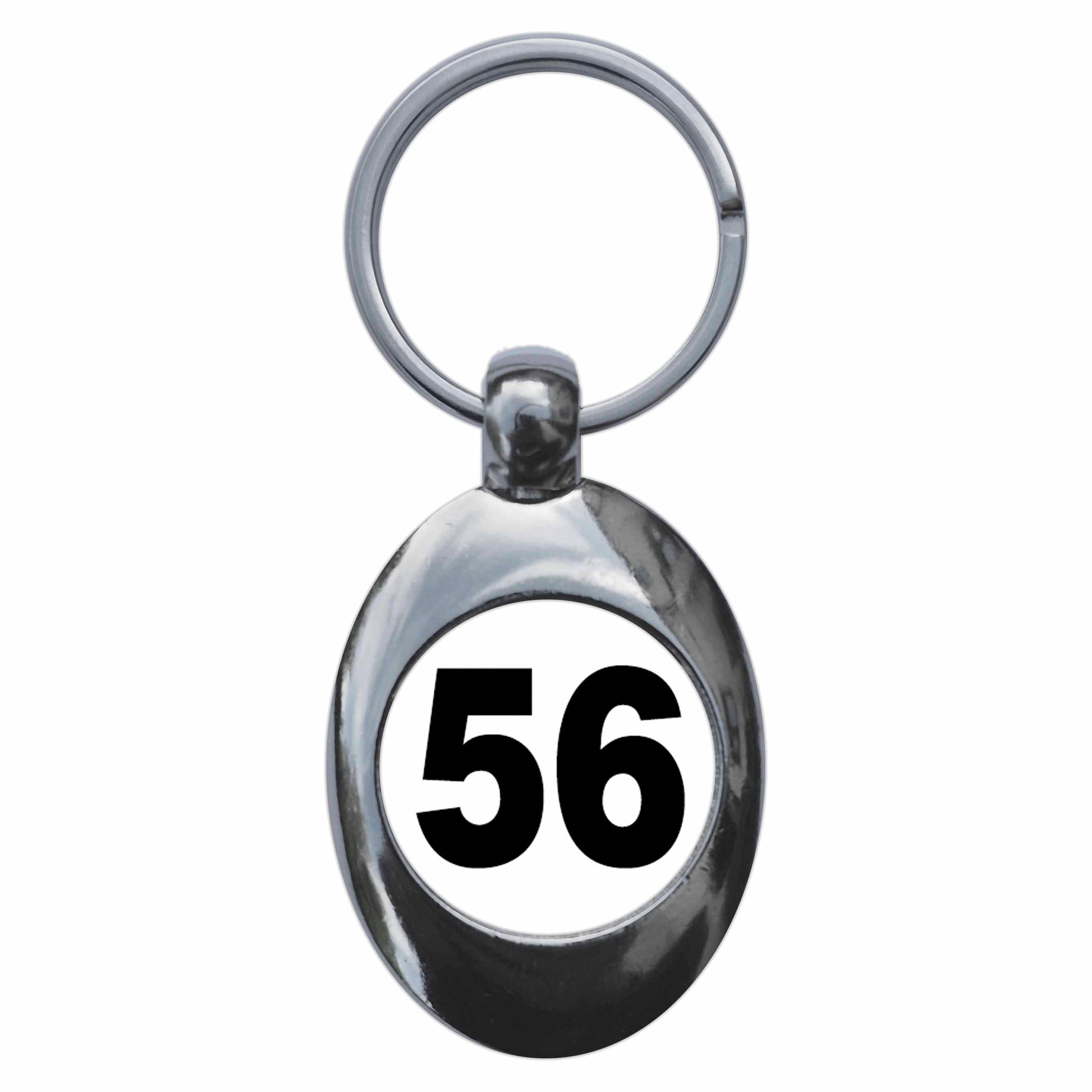 A picture of the front of the product, titled Plain Number 56 Fifty Six Metal Keyring With Trolley Coin