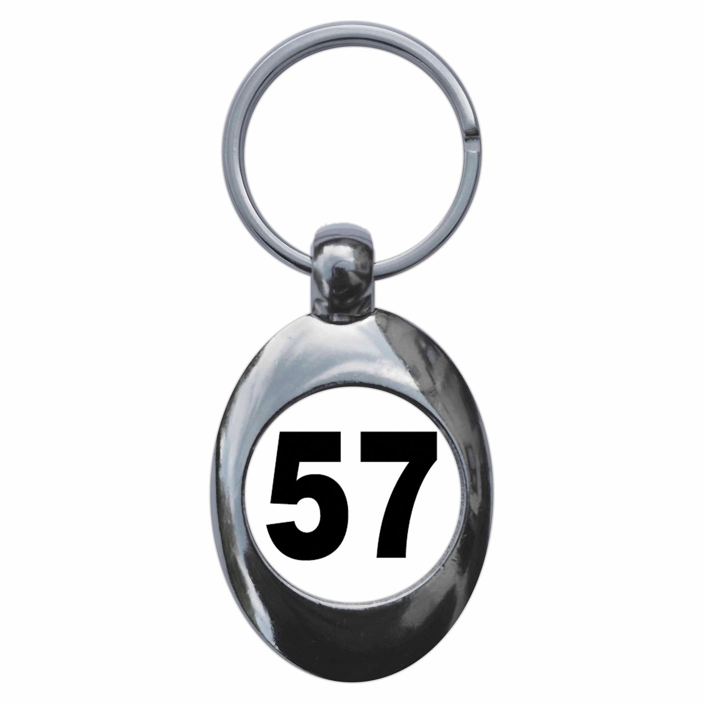 A picture of the front of the product, titled Plain Number 57 Fifty Seven Metal Keyring With Trolley Coin