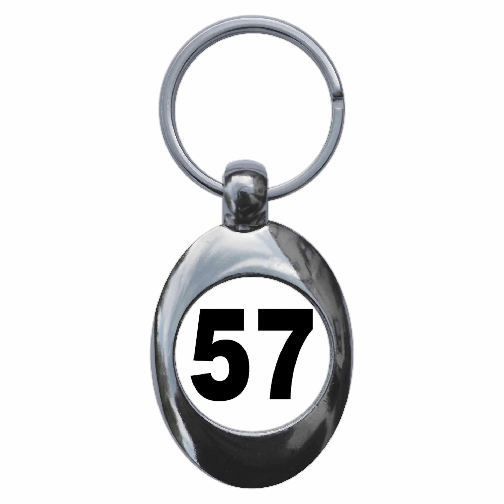 A picture of the front of the product, titled Plain Number 57 Fifty Seven Metal Keyring With Trolley Coin