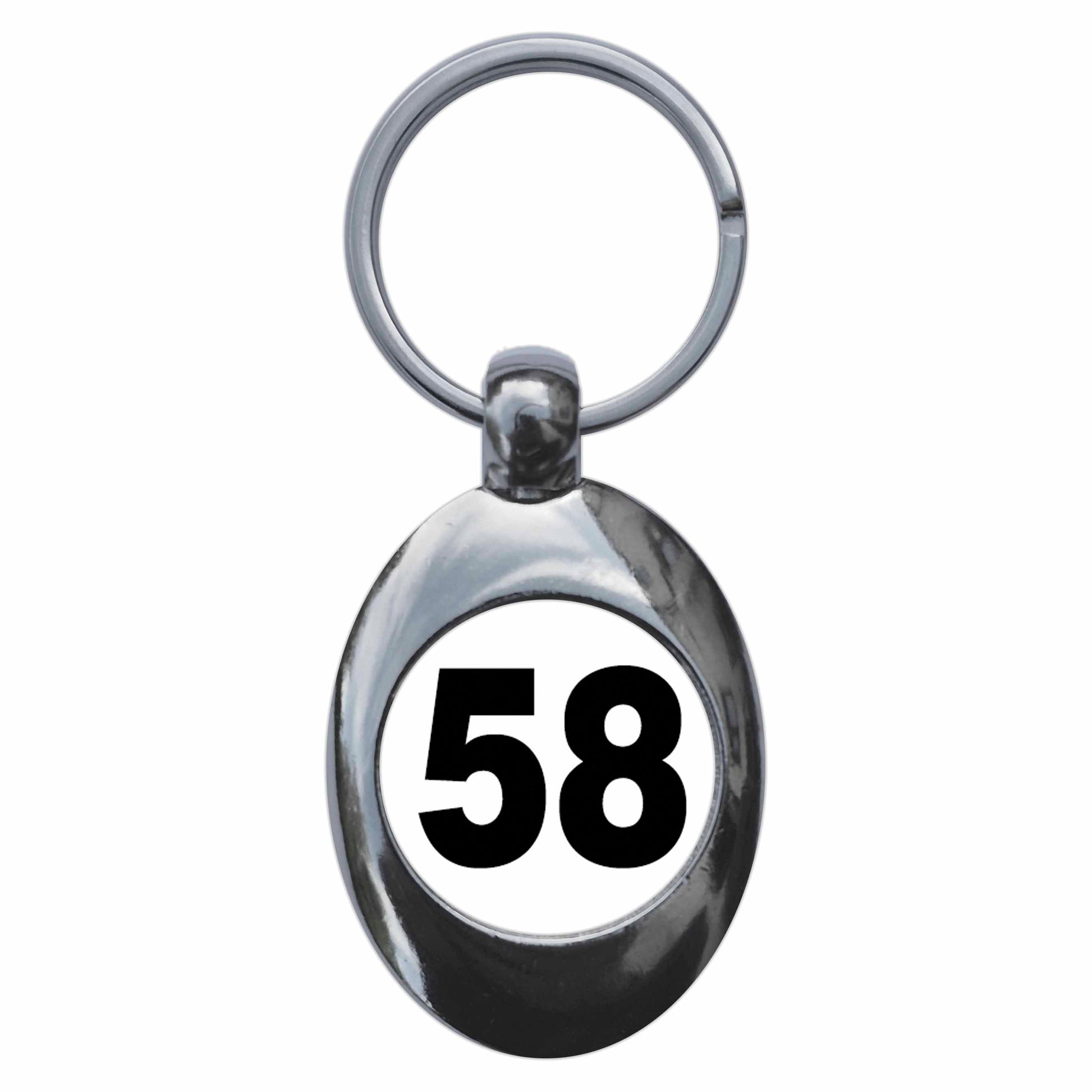 A picture of the front of the product, titled Plain Number 58 Fifty Eight Metal Keyring With Trolley Coin