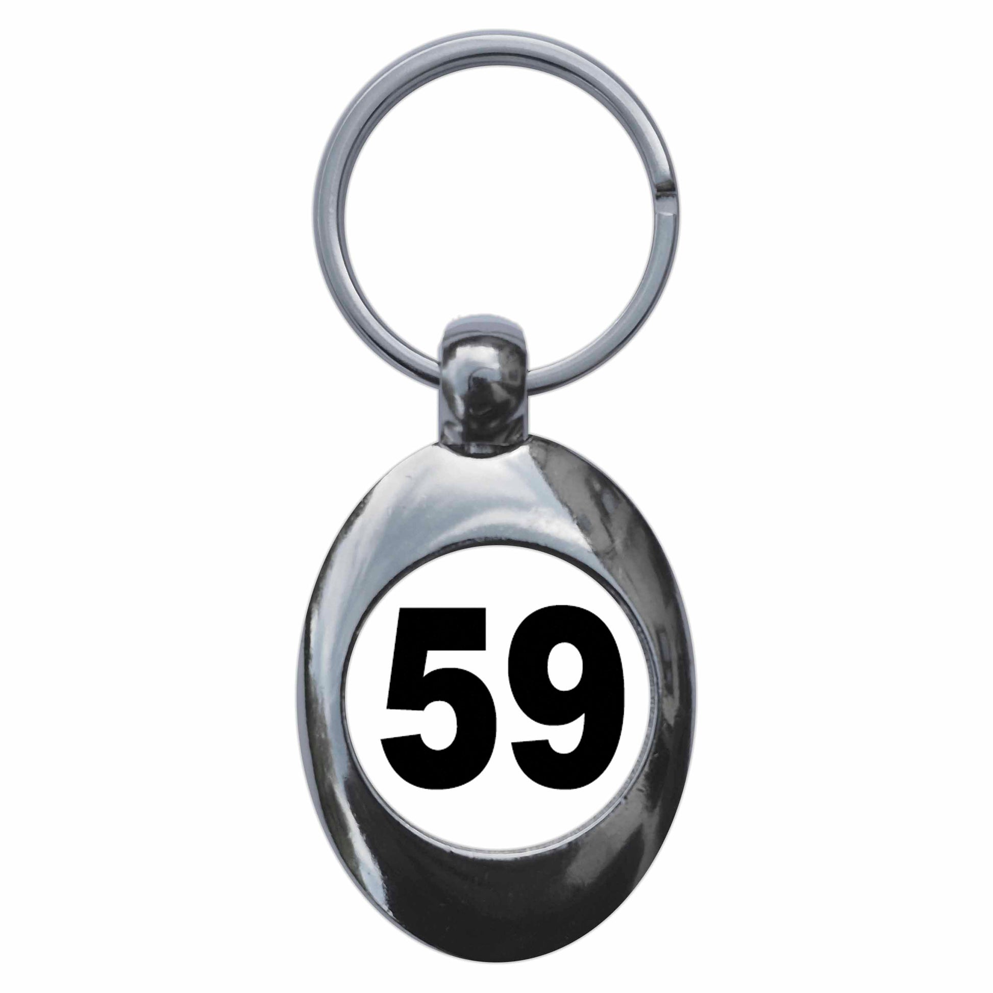 A picture of the front of the product, titled Plain Number 59 Fifty Nine Metal Keyring With Trolley Coin