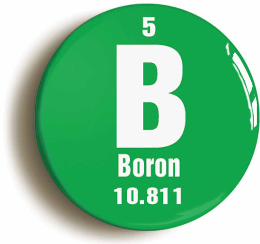A picture of the front of the product, titled Boron Element Symbol Button Pin Badge