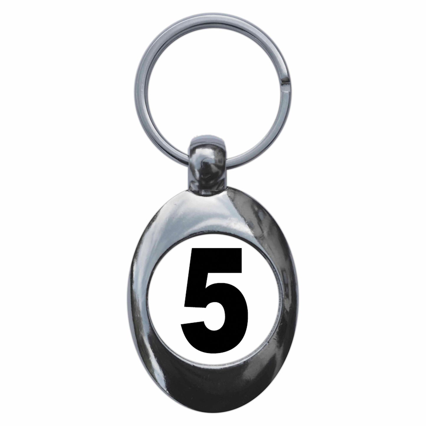 A picture of the front of the product, titled Plain Number 5 Five Metal Keyring With Trolley Coin