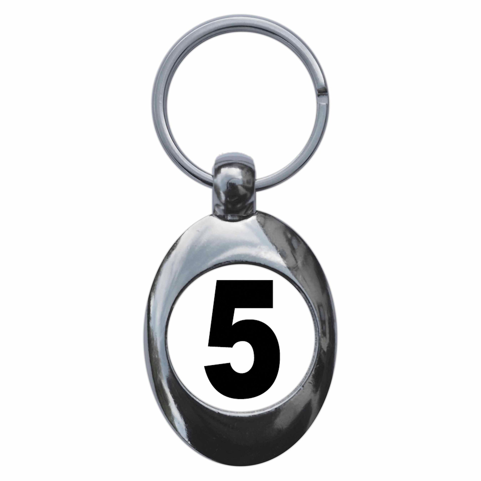 A picture of the front of the product, titled Plain Number 5 Five Metal Keyring With Trolley Coin