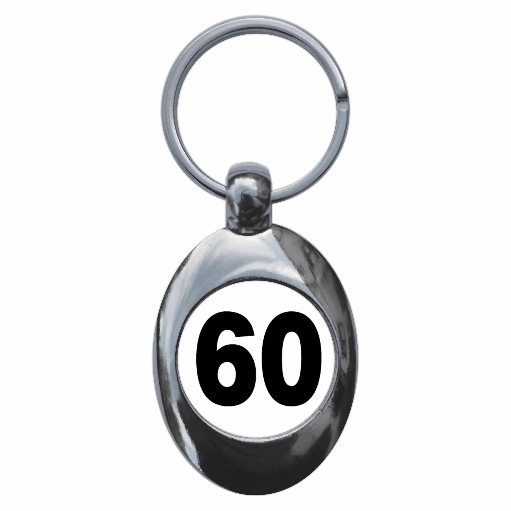 A picture of the front of the product, titled Plain Number 60 Sixty Metal Keyring With Trolley Coin
