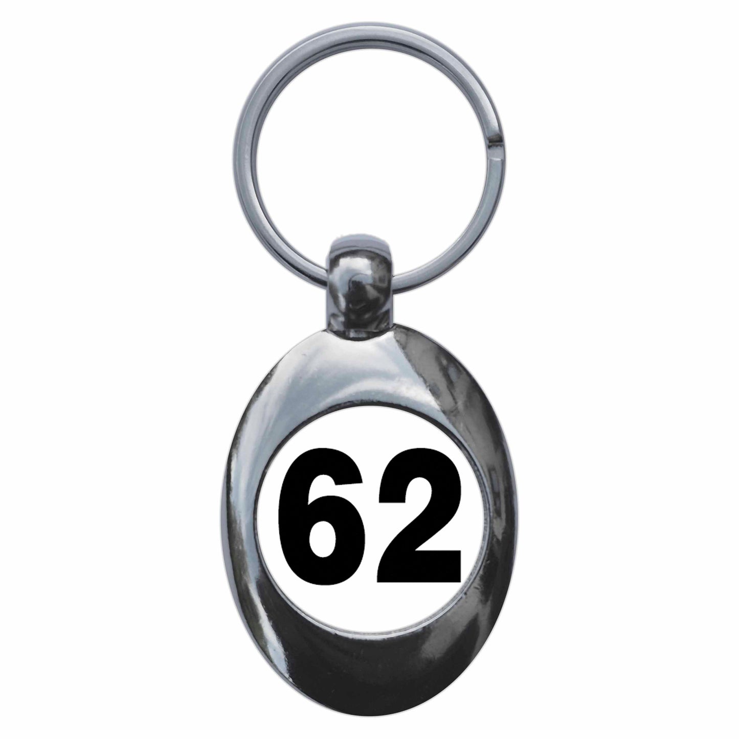 A picture of the front of the product, titled Plain Number 62 Sixty Two Metal Keyring With Trolley Coin