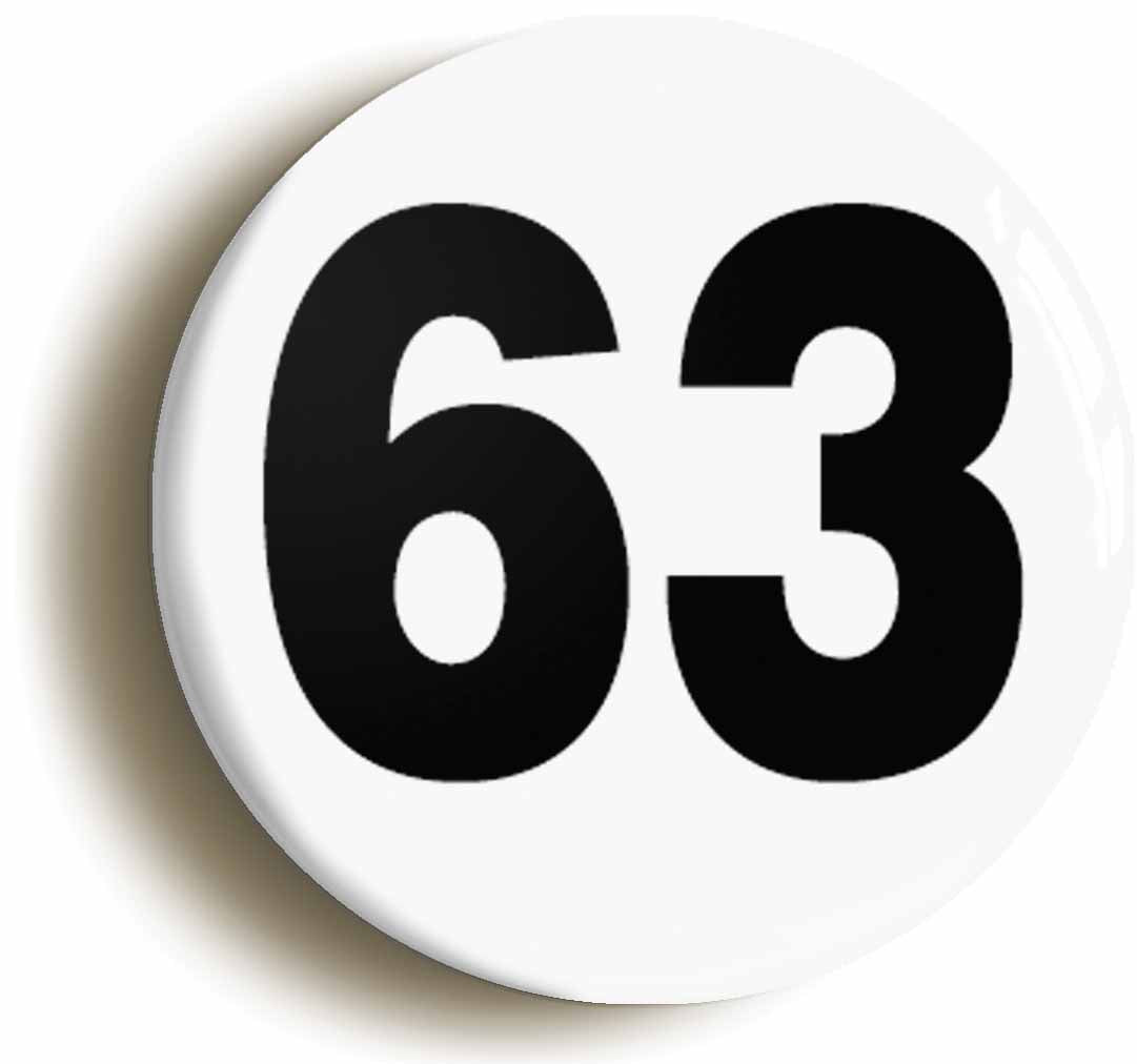 A picture of the front of the product, titled Plain Number 63 Sixty Three Circular 50mm Fridge Magnet