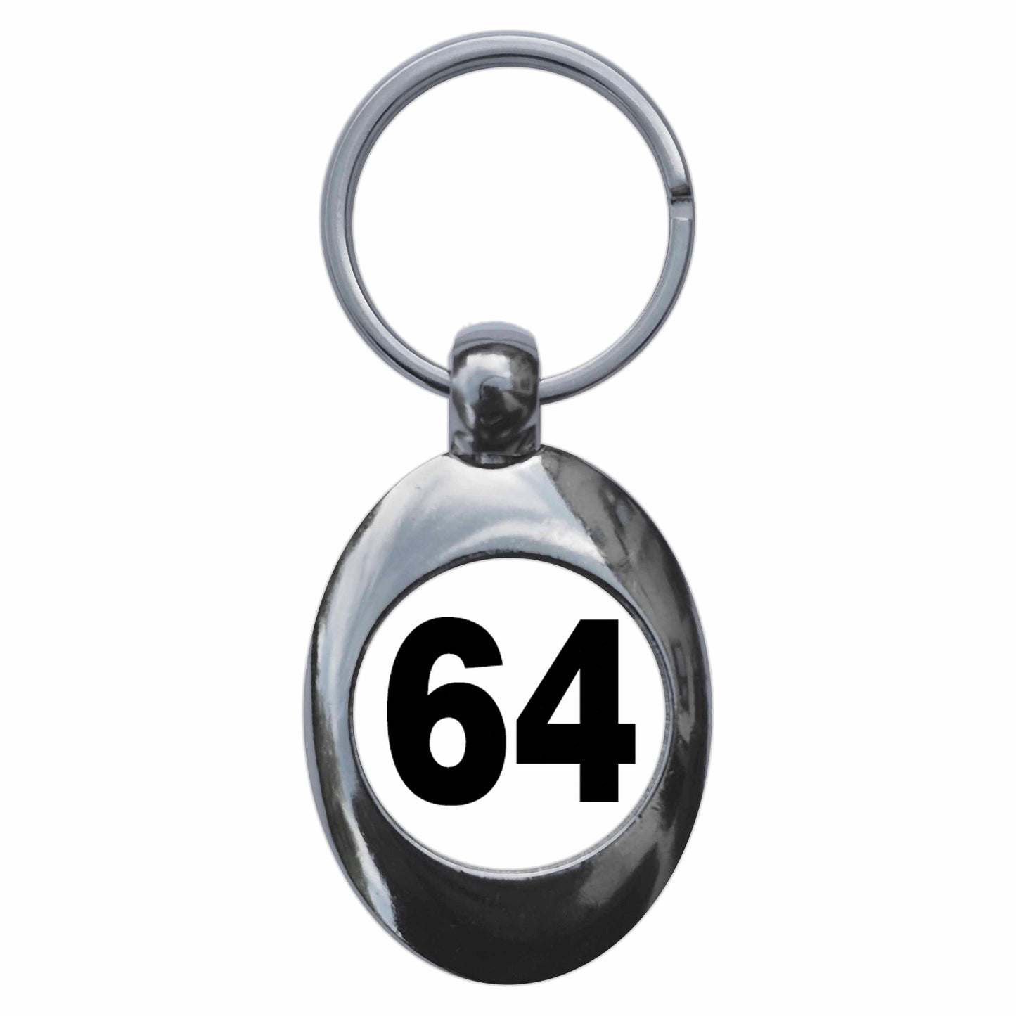 A picture of the front of the product, titled Plain Number 64 Sixty Four Metal Keyring With Trolley Coin