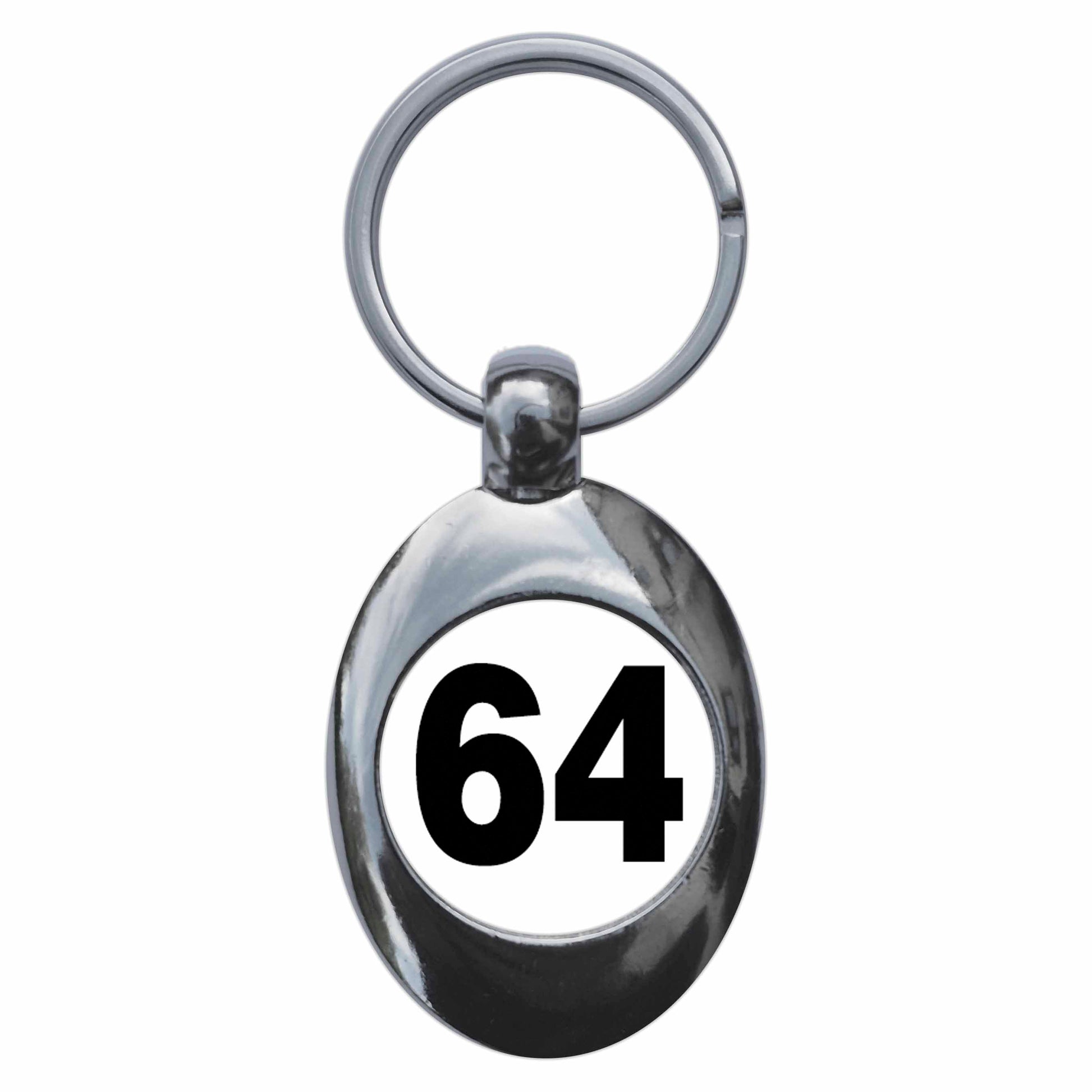 A picture of the front of the product, titled Plain Number 64 Sixty Four Metal Keyring With Trolley Coin