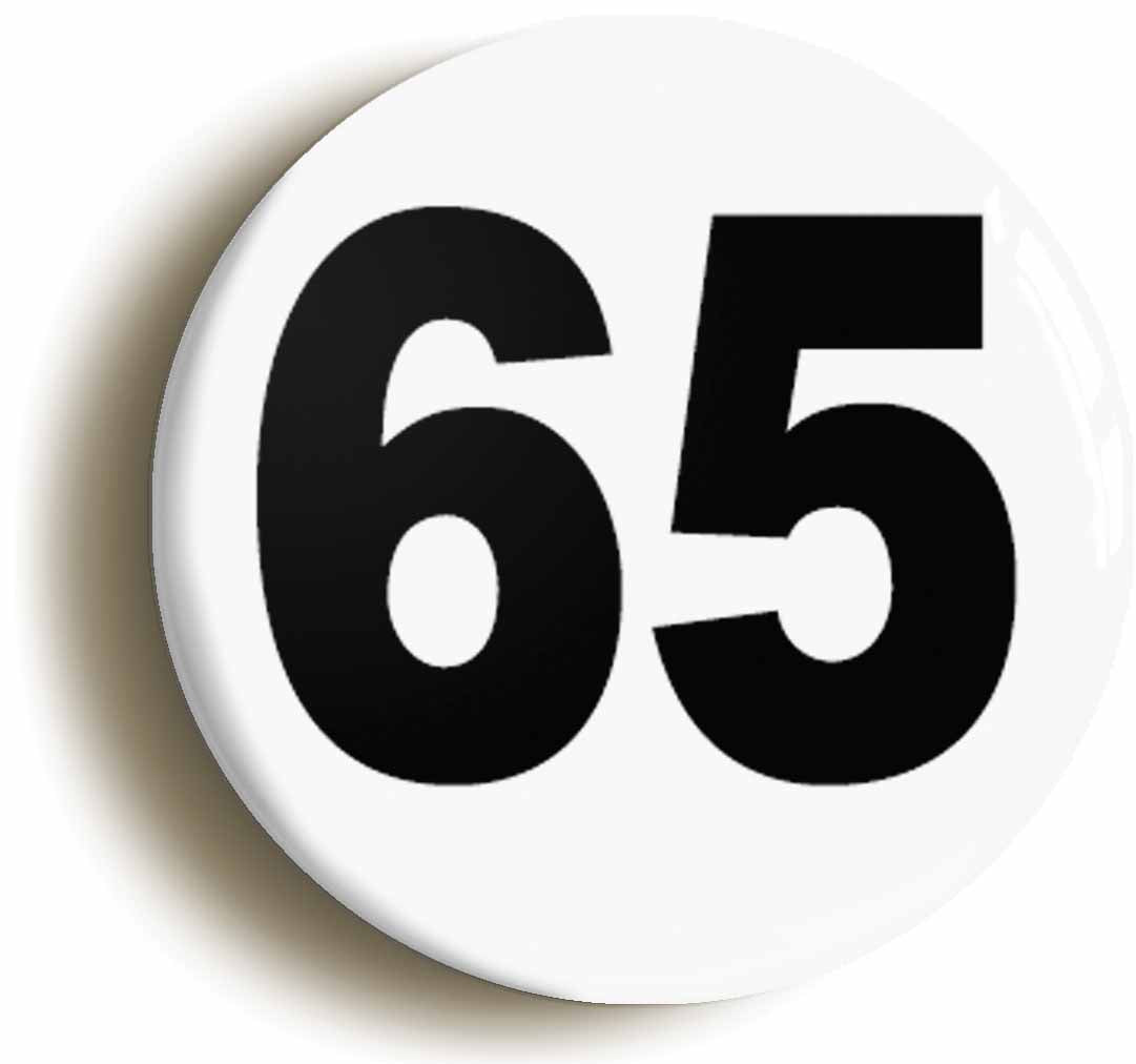 A picture of the front of the product, titled Plain Number 65 Sixty Five Button Pin Badge