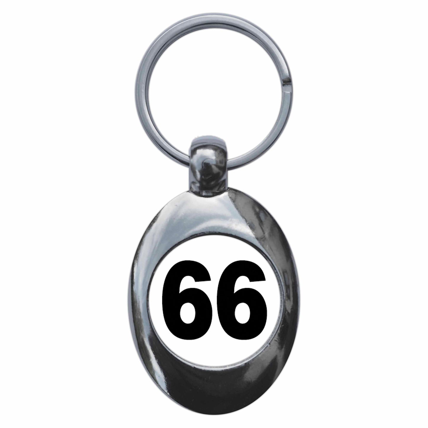 A picture of the front of the product, titled Plain Number 66 Sixty Six Metal Keyring With Trolley Coin