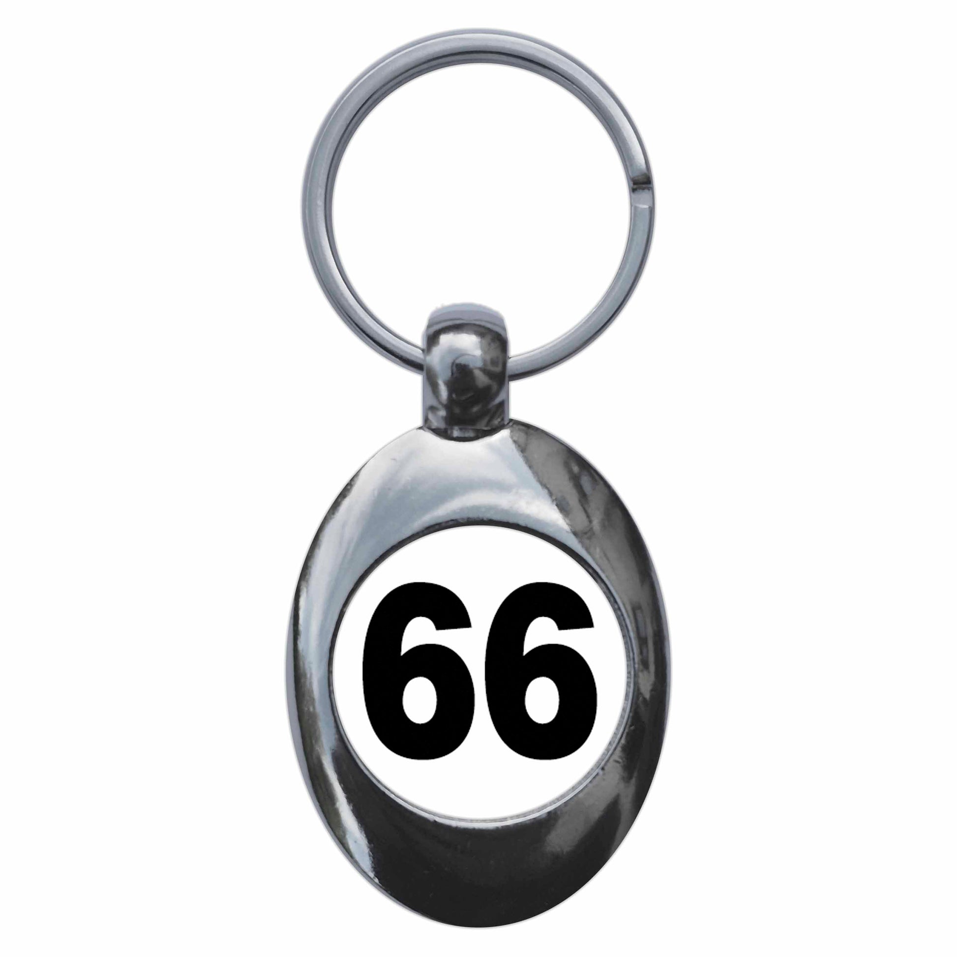 A picture of the front of the product, titled Plain Number 66 Sixty Six Metal Keyring With Trolley Coin