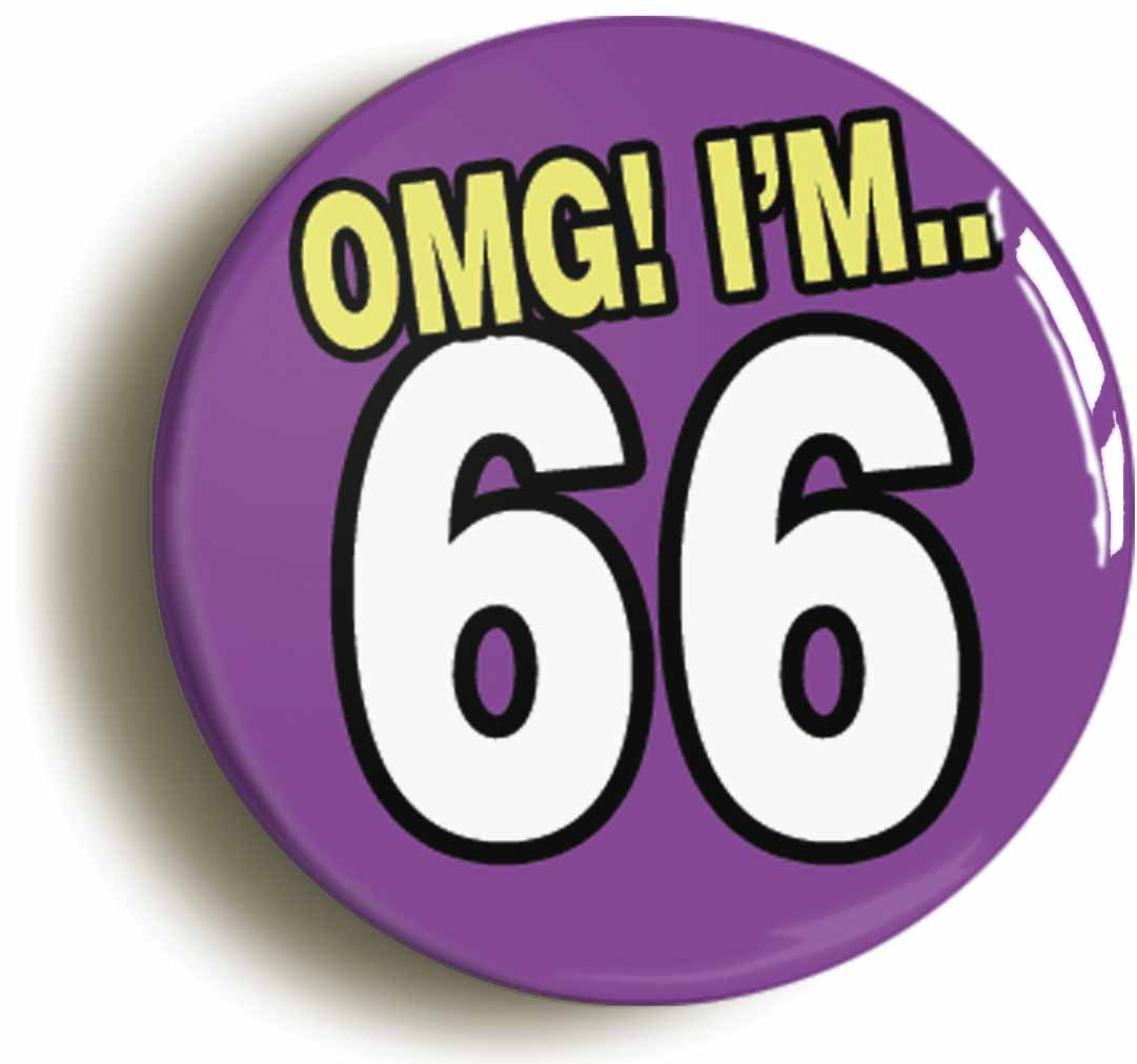 A picture of the front of the product, titled 66th Sixty Sixth Birthday OMG Funny Button Pin Badge