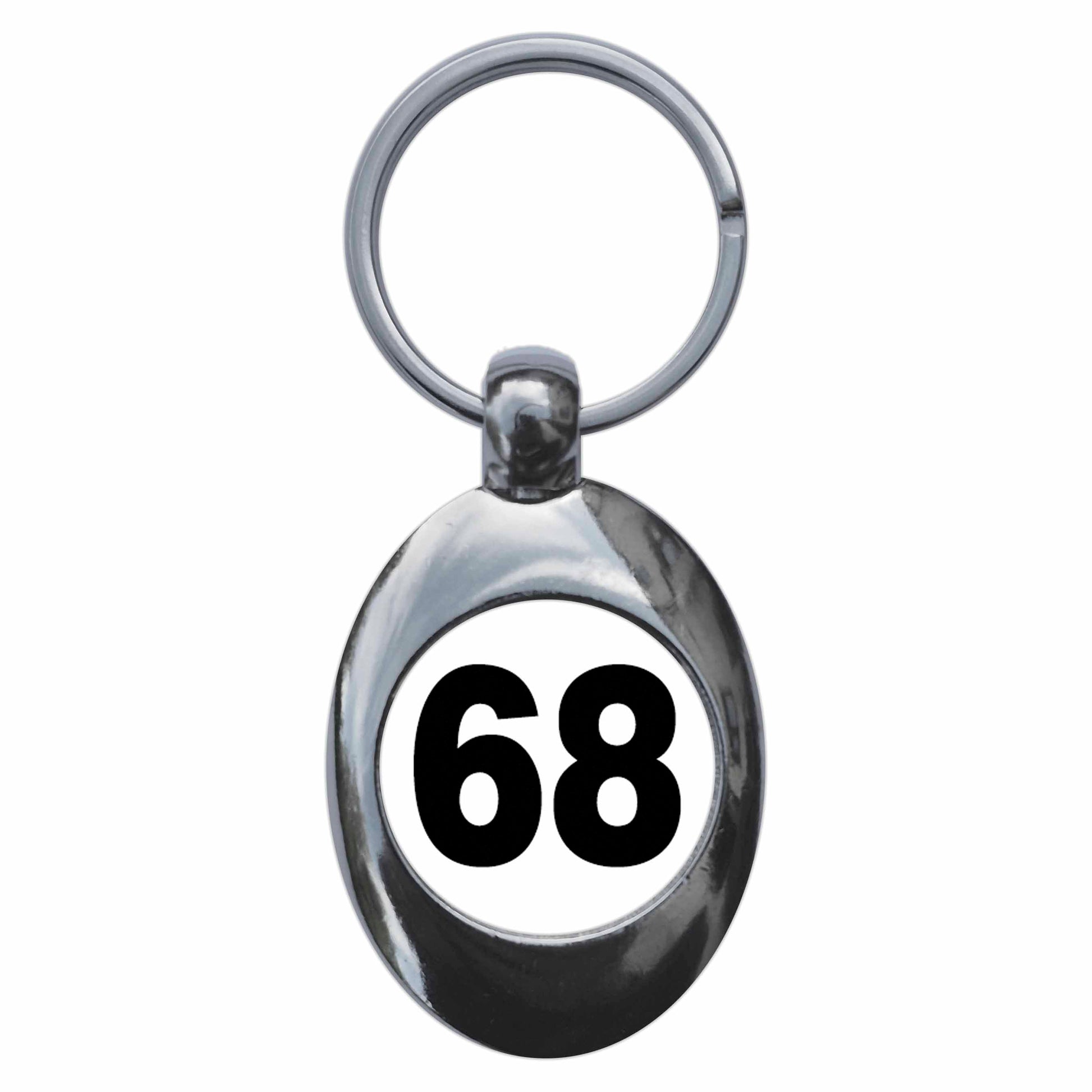A picture of the front of the product, titled Plain Number 68 Sixty Eight Metal Keyring With Trolley Coin