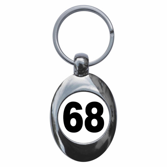 A picture of the front of the product, titled Plain Number 68 Sixty Eight Metal Keyring With Trolley Coin