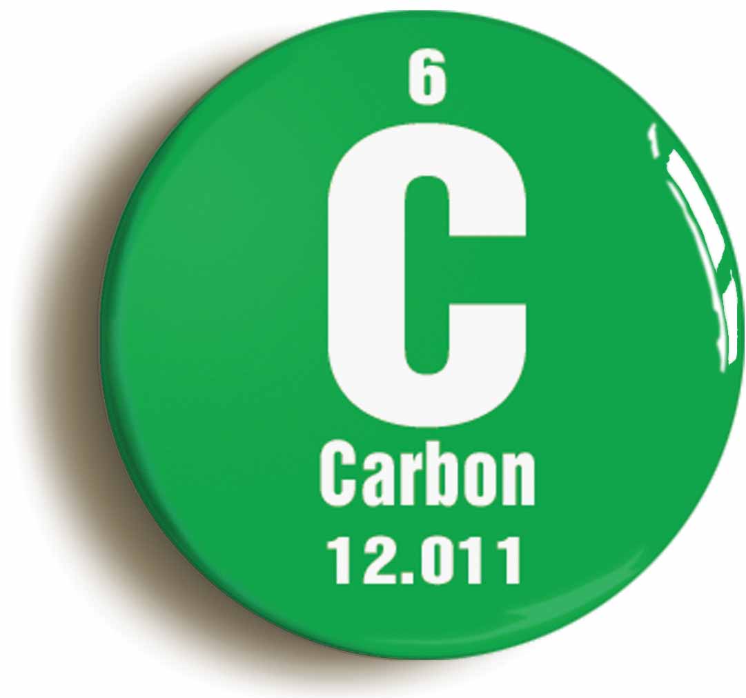 A picture of the front of the product, titled Carbon Element Symbol Button Pin Badge
