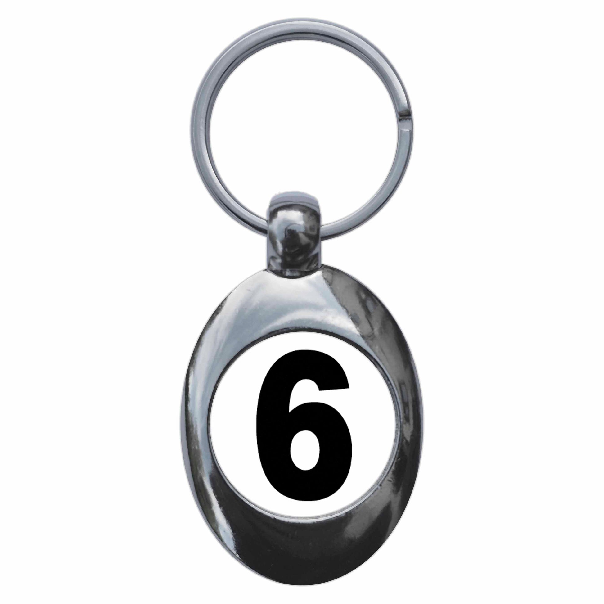 A picture of the front of the product, titled Plain Number 6 Six Metal Keyring With Trolley Coin